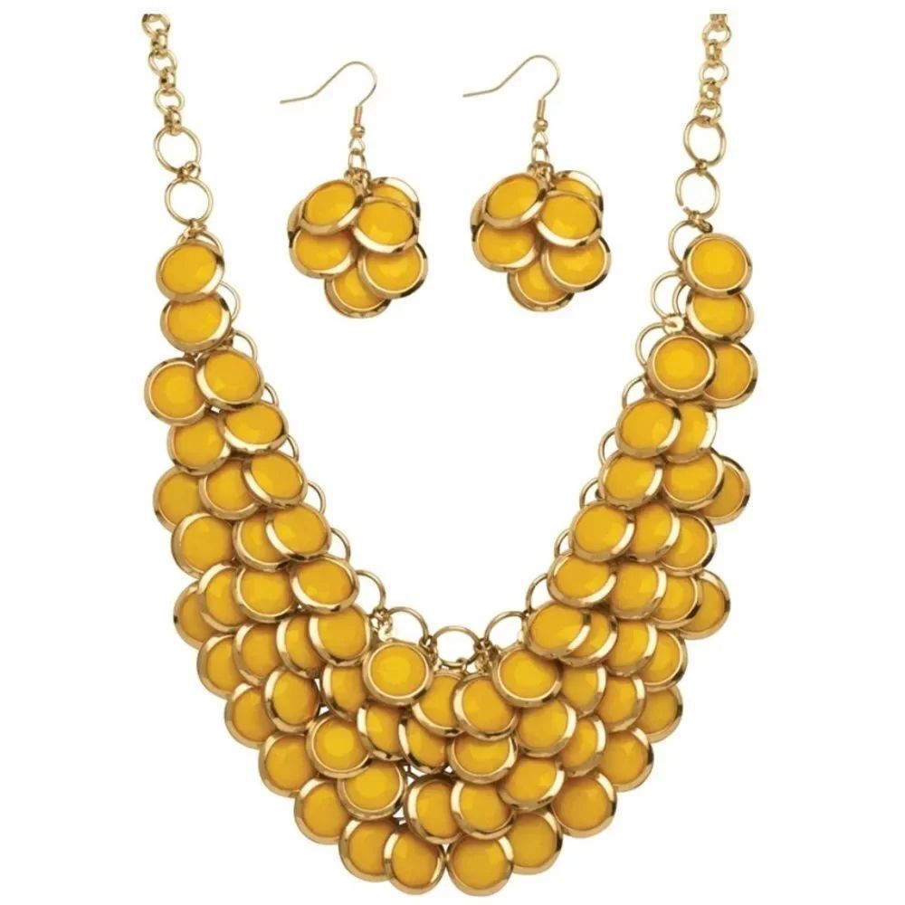 Yellow Gold and Round Yellow Mustard Lucite Bib Necklace and Earrings Set
